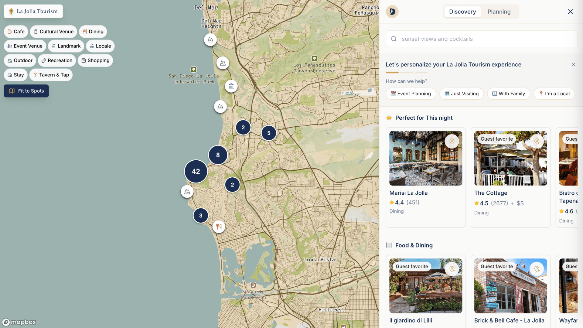 Dock widget showing La Jolla Tourism interactive map with personalized recommendations